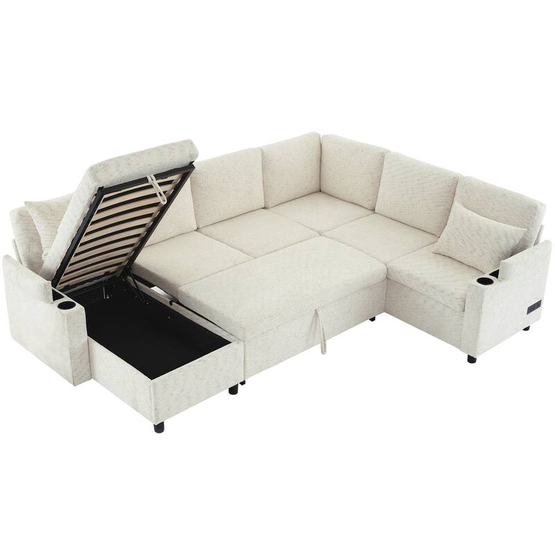 U-Shaped Chenille Sectional Sofa with Storage Chaise Lounge, Convertible Sleeper Sofa Bed with Cup Holders & Charging Ports