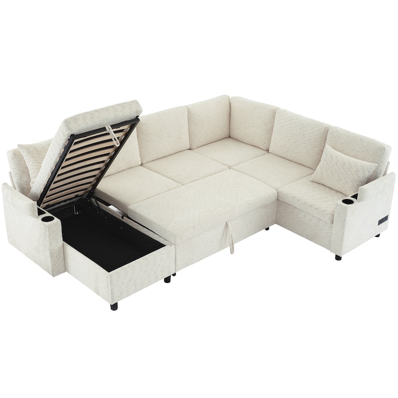 U-shaped Sofa, Chenille Sectional Sofa with 2 Cup Holders and Charging Ports Livingroom Sleeper Recliner Sofa Couch