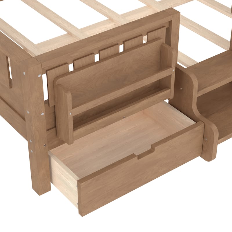 Multiple Colors Toddler Montessori Bed Children's Platform Bed with Low Profile Stairs, Built-in Bookshelf and Storage Drawers