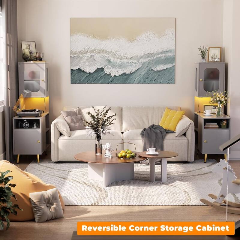 Reversible Corner Storage Cabinet with LED Lights and Power Outlets and Doors,Bed Side Table,Sofa Side Table