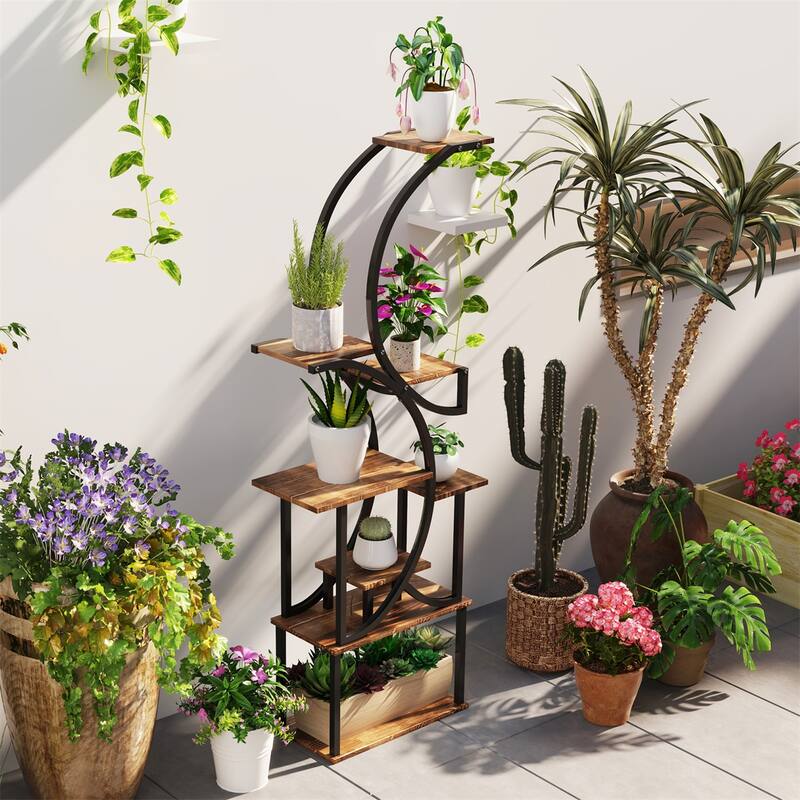 Eight-Tier Corner Plant Stand with S-Shaped Steel Frame and Fir Wood Shelves for Home Decor - 24.4" W x 10.2" D x 61.8" H