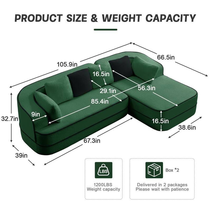 Teddy Fabric Contrast Sofa for Living Room, Upholstered Sectional Couch with L-Shaped Chaise, Boneless Couch with Throw Pillows