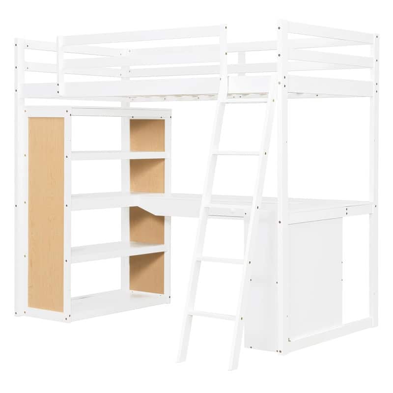Twin Size Loft Bed with Ladder, Shelves, and Desk, White