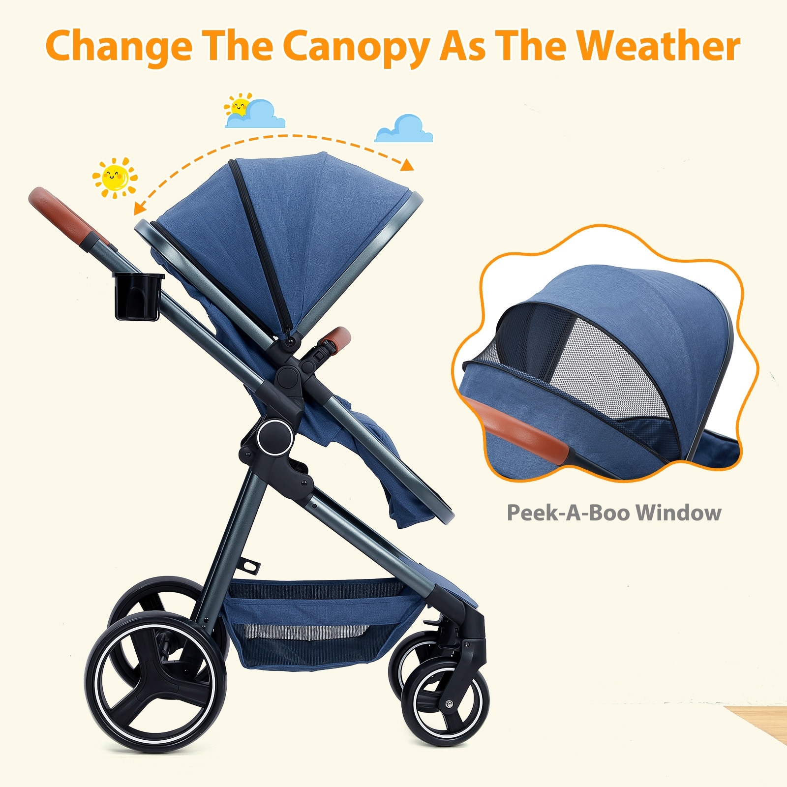 3-in-1 Reversible Baby Stroller with Adjustable Backrest and Canopy