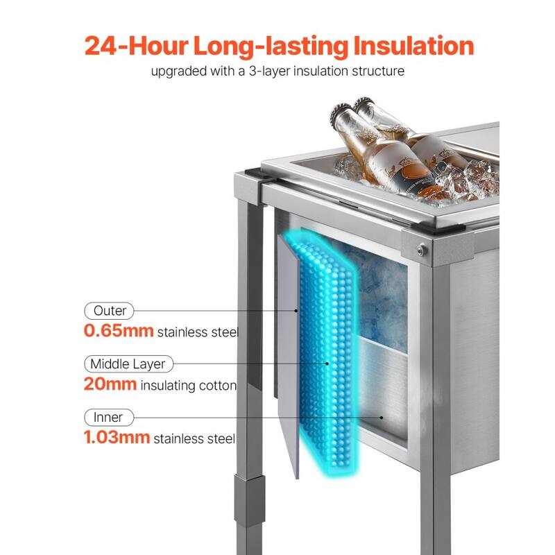28L Stainless Steel Drop-In Ice Bin with Sliding Lid 24 Hours Insulated Cooler for Outdoor Bar - 20.08 x 14.17 x 38.19 inch