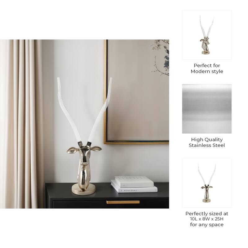 Stainless Steel Animal Head Sculpture Long Horn Design - 25" Gold