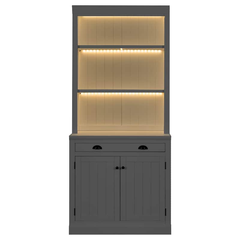 Merax LED-Lit Modern Tall Bookcase with Adjustable Shelves, Drawer & Cabinet