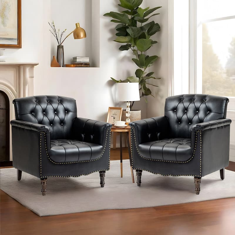 Traditional Faux Leather Tufted Accent Arm Chair with Nailhead Trim - Set of 2 - Black