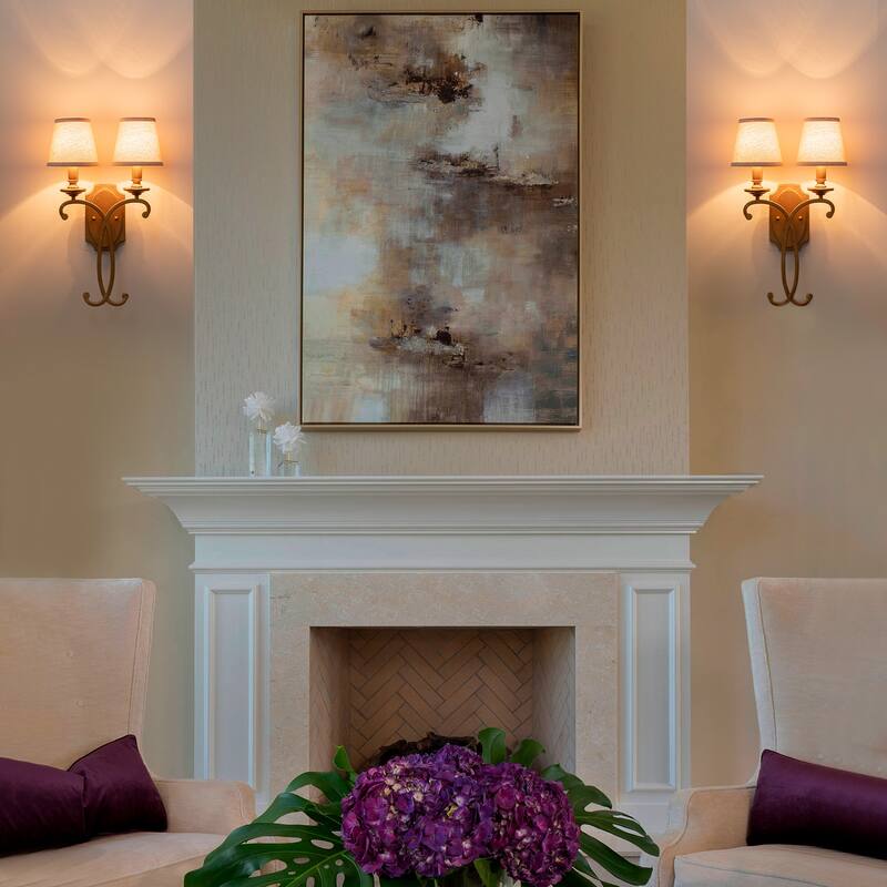 2-Light Antique Gold Metal Wall Sconce Cone Linen Fabric Shades