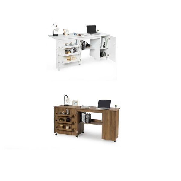Shop Gymax Folding Sewing Table Shelves Storage Cabinet Craft Cart W Wheels Large White Natural Overstock 29861632