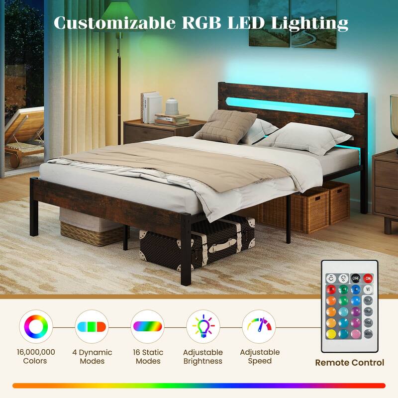 Costway Full Size Bed Frame with Built-in Charging Station Sturdy