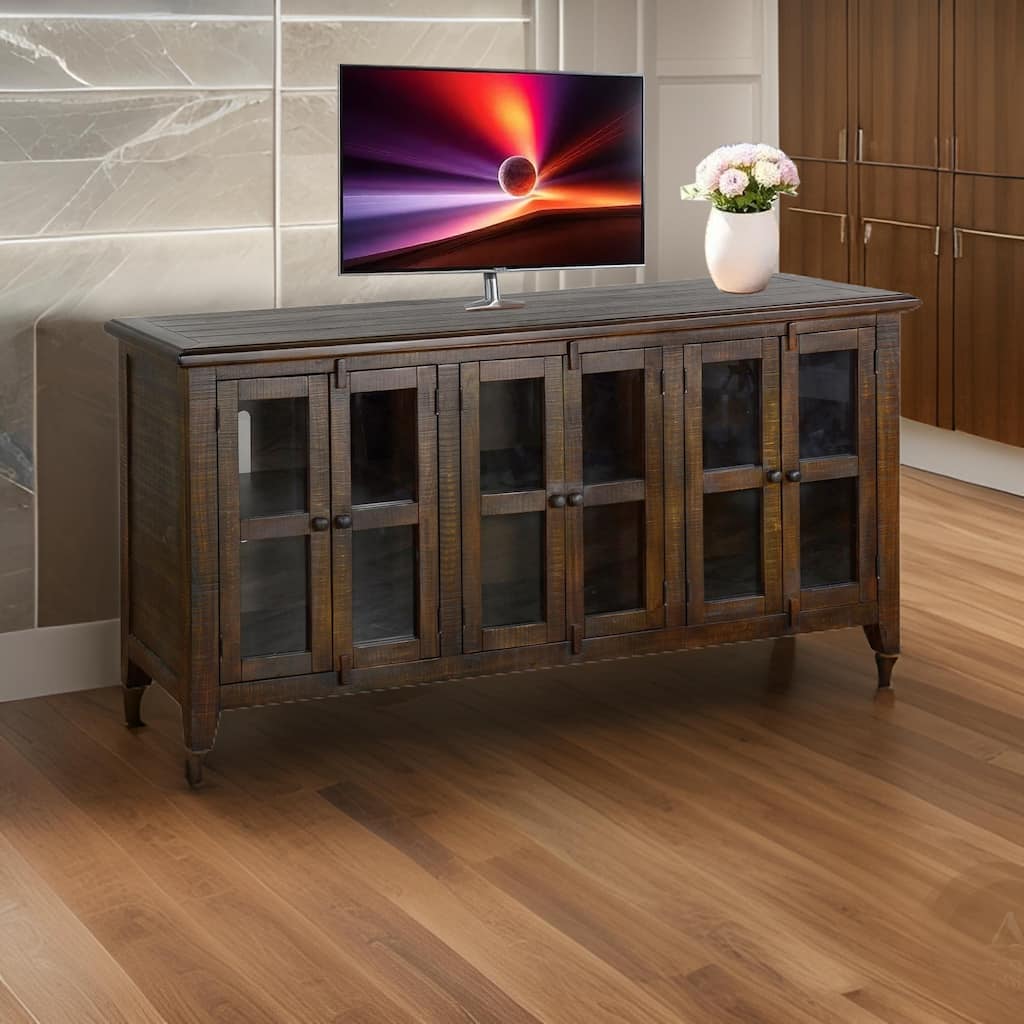 Yael TV Media Console, 6 Shelves, Glass Doors, 70 Inch Dark Brown Wood