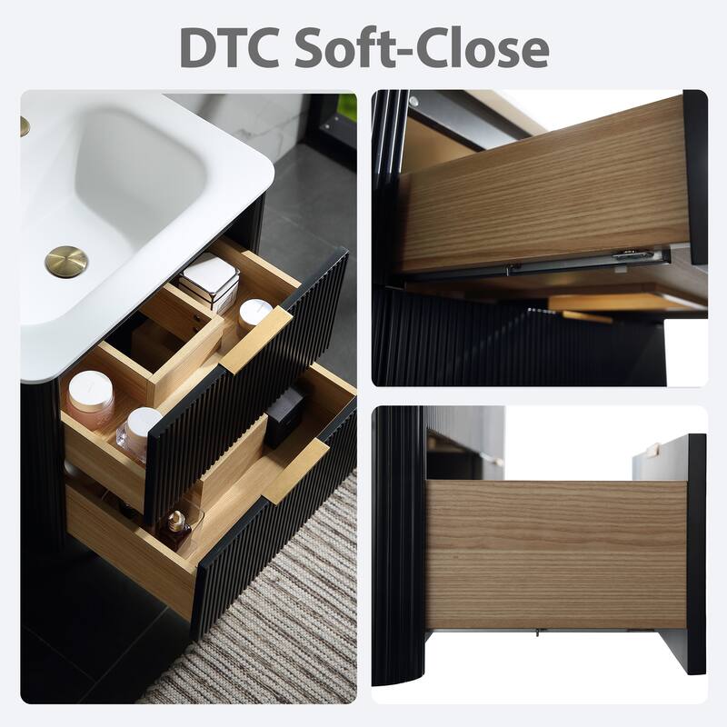 Modland Fluted Floating Vanity with Sink, Plywood Wall Mount Cabinet, Curved Edge, 24/30/36 Inch