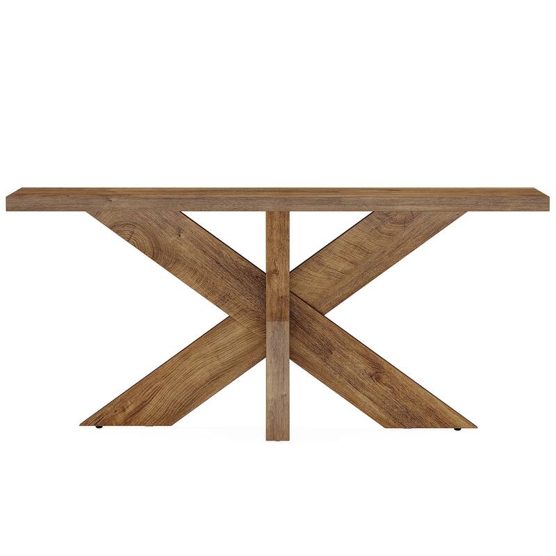 70.9" Long Farmhouse Console Table, Oak Brown Sofa Table Behind Couch with Geometric Wooden Base, Entryway Hallway Accent Table