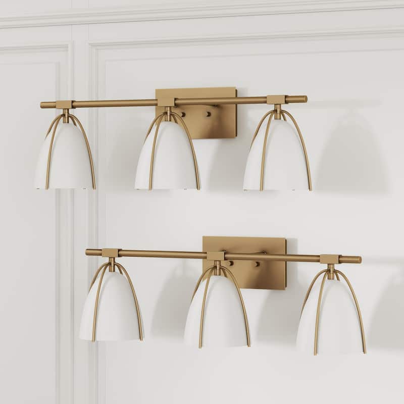 Nathan James Aubrey 3-Lights Bathroom Vanity Light Fixture with Gold Metal Frame and White Cage Shade - Brass Set of 2