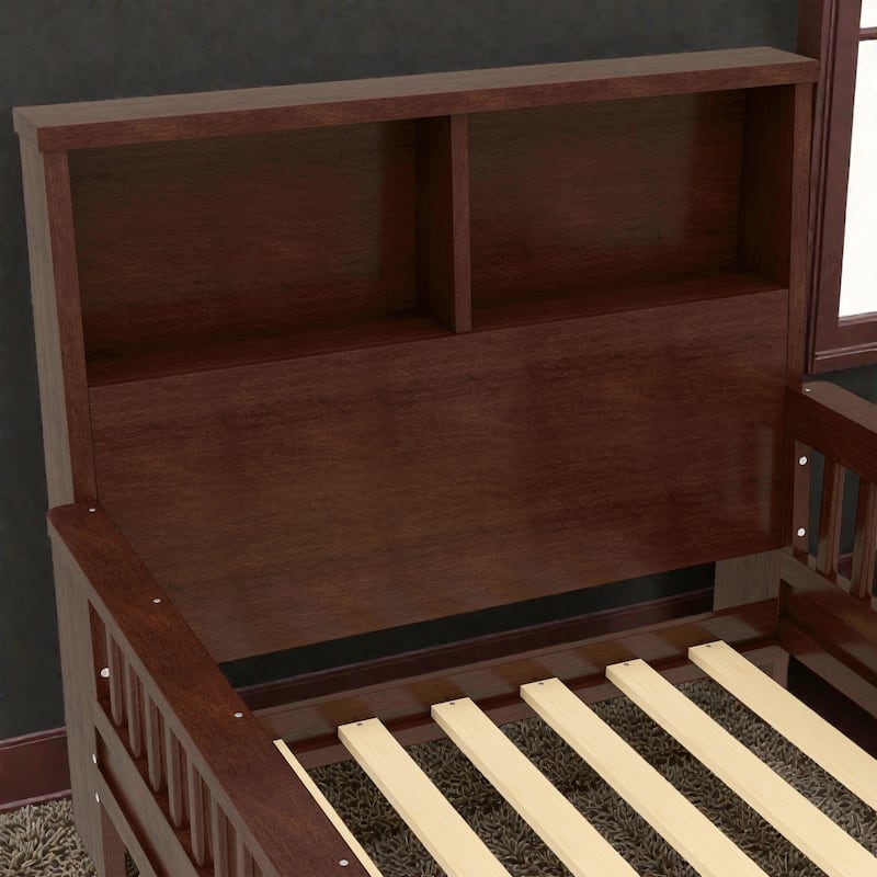 Twin Platform Bed with Storage Headboard, Safety Guardrails and Pull-Out Convertible Sofa/Playpen Design