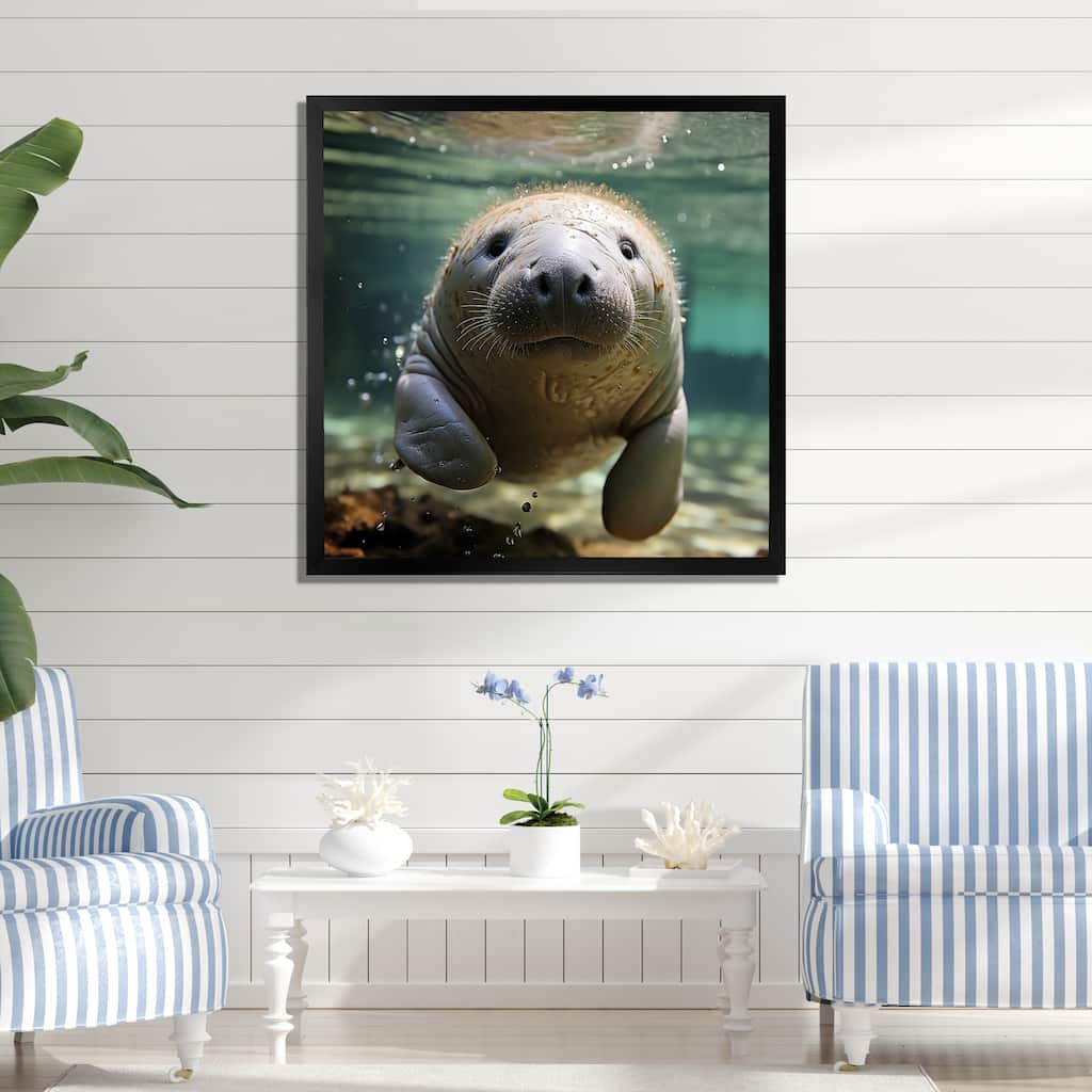 Designart "Curious Manatee Gaze II" Manatee Wall Decor Blue Modern Entryway Framed Wall Art Print
