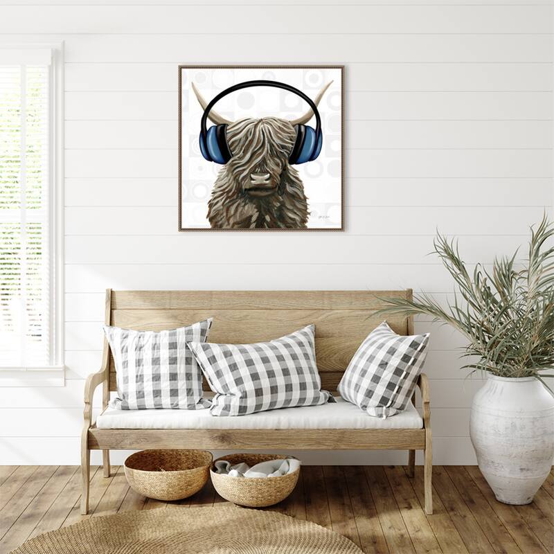 Music Cow Blue Crop by Yvette St. Amant Framed Canvas Wall Art Print - Sylvie Beaded Bronze