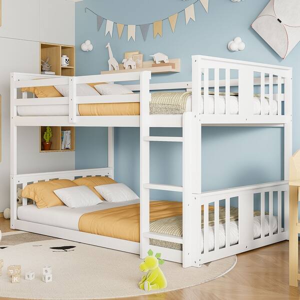 slide 2 of 28, Twin Over Twin Floor Bunk Bed with Ladder, Solid Wood Bunk Bed Frame with Full-Length Guardrail, Detachable into 2 Separate Beds White - Twin