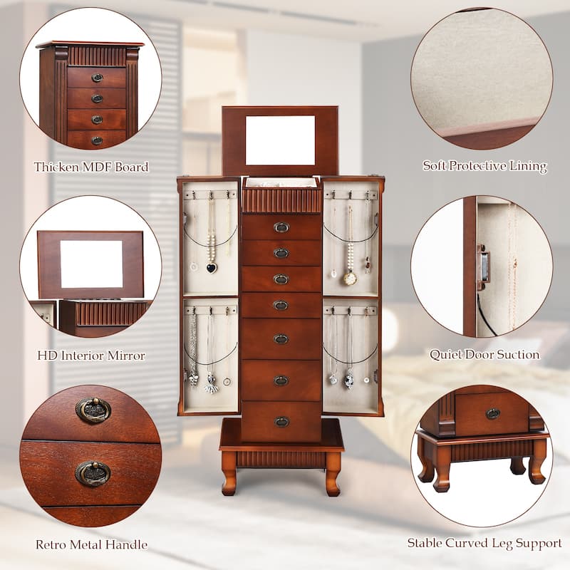 Brown 7 Drawers Wooden Jewelry Storage Cabinet with 1 Top Flip Mirror and 4 Compartments - 15"(L) x 9"(W) x 38.5"(H)