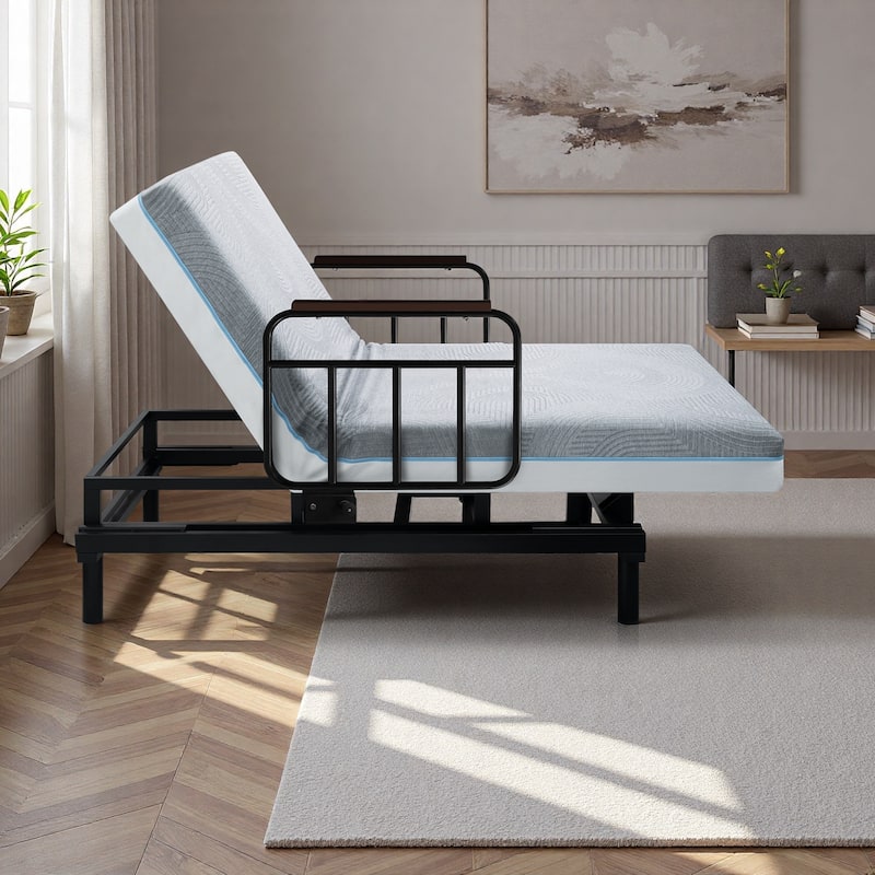 Electric Adjustable Bed with Memory Foam Mattress, Safety Rails, and Detachable Tray for Seniors and Recovery