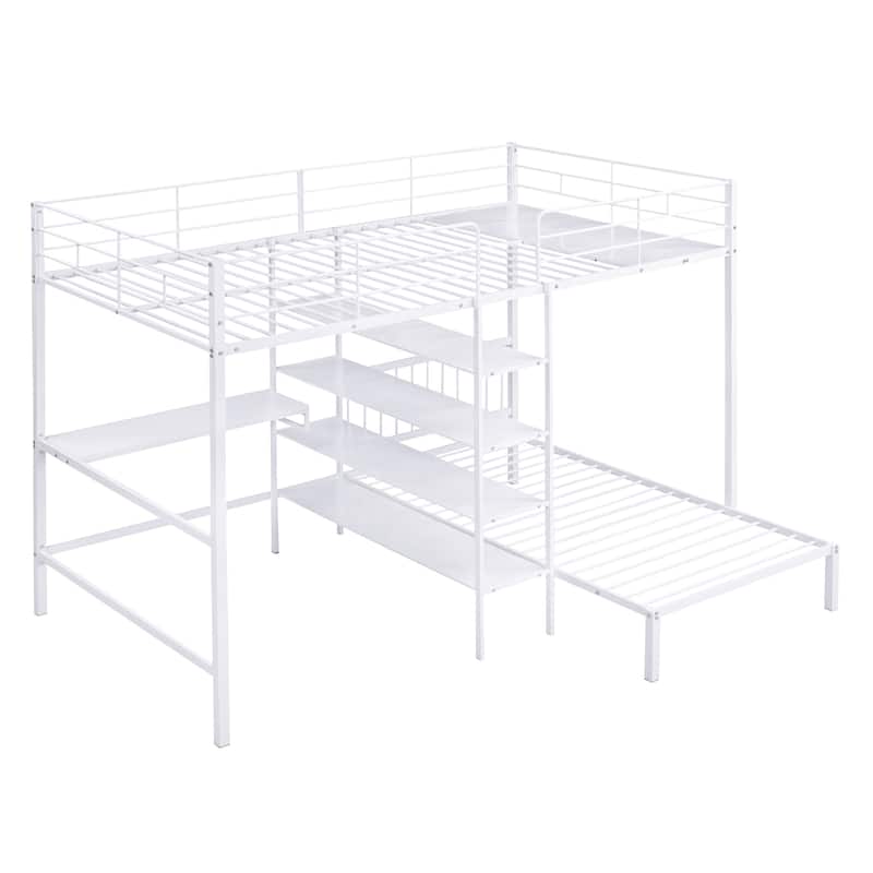 Full Over Twin Bunk Bed with Built-in Desk & Ladder, Space-Saving Metal Bunk Bed Frame w/Storage Shelves for Kids Teens Bedroom
