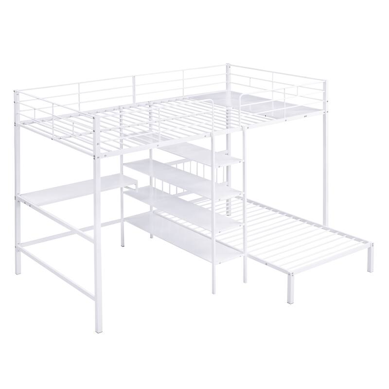Full Over Twin Metal Bunk Bed with Desk and Storage Shelves, Heavy-Duty Frame, No Box Spring Required