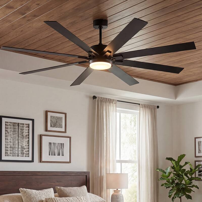 72"Celing Fan with Light and Remote Control Via WIFI Alexa,Large Celing Fan with 8 Plywood Blades,6 Speed Noiseless DC Motor - Black