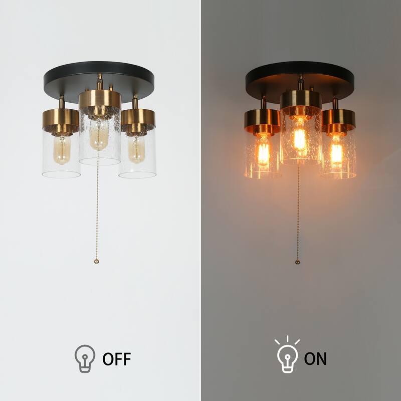 Modern 3-Light Black Gold Glass Cluster Semi Flush Mount Ceiling Light with Pull String - 11" D x 9.5" H