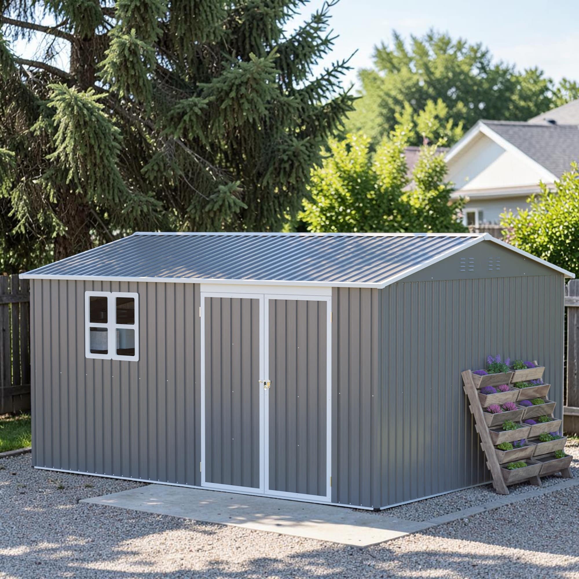 12x10 FT Metal Storage Shed Outdoor with Lockable Doors, Window, Vent, Heavy Duty Garden Tool Shed for Backyard