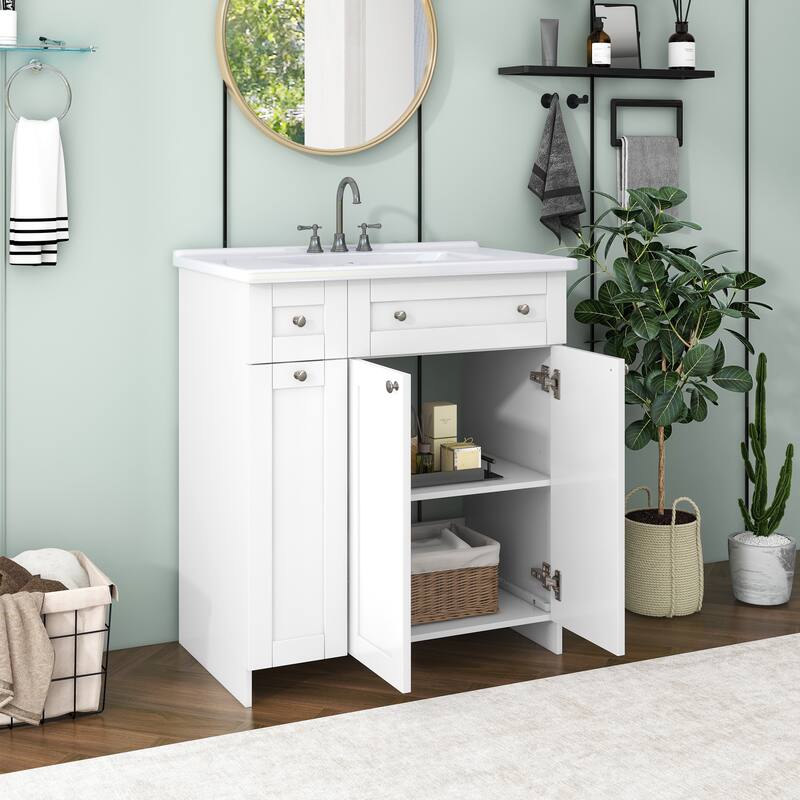 30-Inch Blue Bathroom Vanity with Undermount Ceramic Sink, Soft Close Doors, Ample Storage, and Silver Accents - 18in L MDF