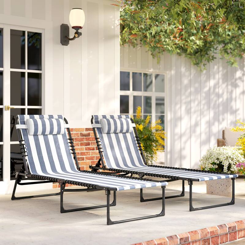 Outsunny Folding Chaise Lounge Chair Set of 2, Patio Sun Tanning Chair, Outdoor Chaise Lounger, Blue and White