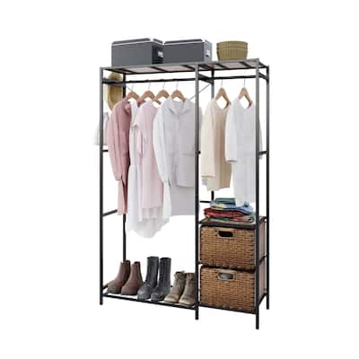 Acacia Wood Garment Rack: 2 Wicker Drawers, 4 Hooks, Shelves - Heavy Duty Freestanding Closet Organizer