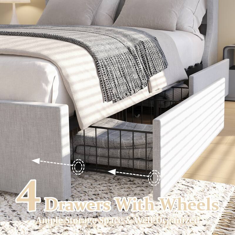 Full Size Platform Bed Frame with Wingback Headboard and 4 Hidden Storage Drawers, Stylish and Functional Bedroom Furniture