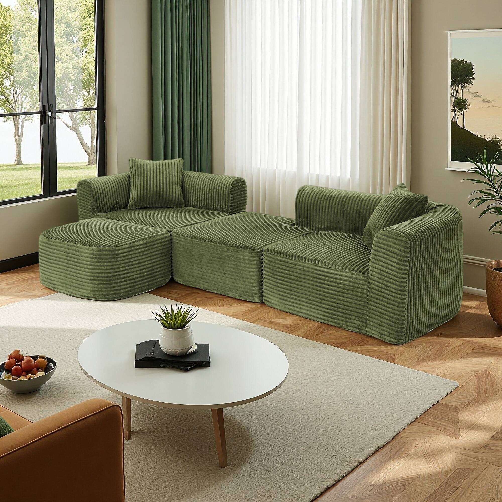 114" Corduroy L-Shaped Modular Sectional Sofa with Movable Ottoman