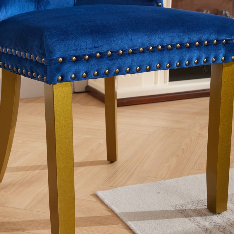 Velvet Dining Chairs Set of 2, Tufted Dining Chairs with Nailhead Trim, Kitchen Chairs with Lion Head Pulls Ring & Wooden Legs
