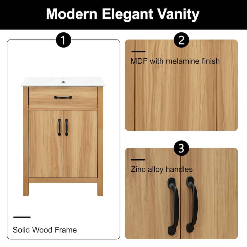 24'' Bathroom Vanity with Ceramic Sink, Solid Wood Frame, Flip Drawer, 2 Soft-Close Doors & Adjustable Shelf