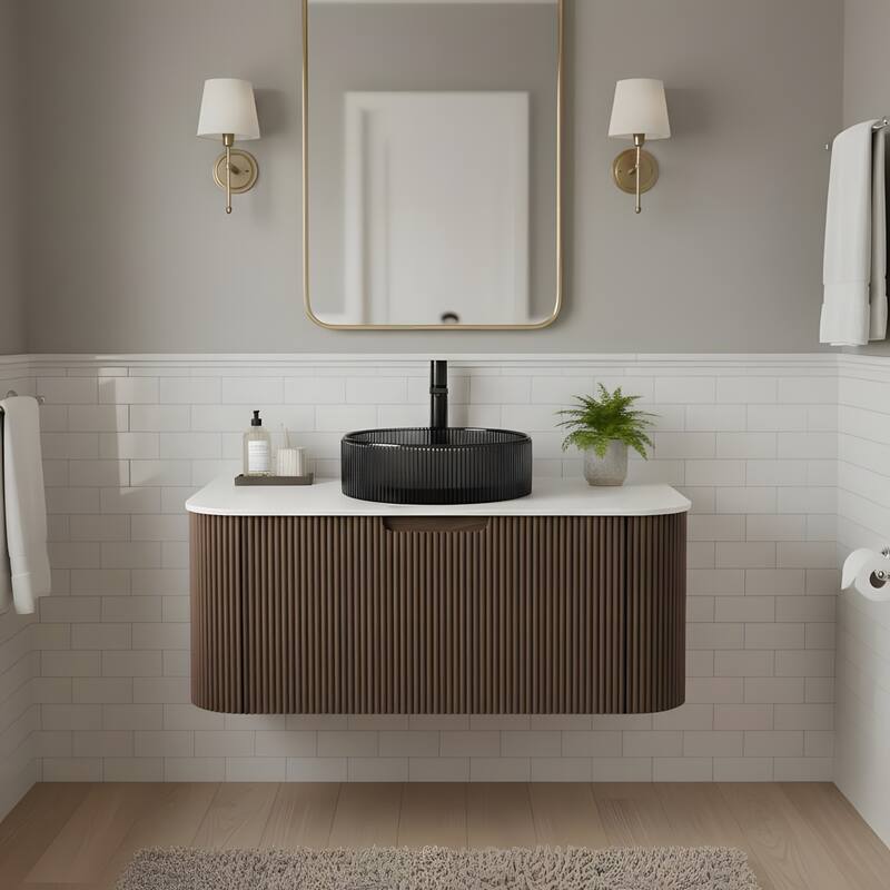 Wall Mounted Bathroom Vanity with Transparent Black Round Glass Basin