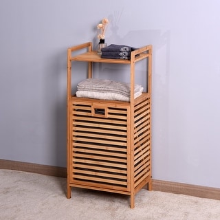 Bathroom Laundry Basket Bamboo Storage Basket with 2-tier Shelf - Bed ...