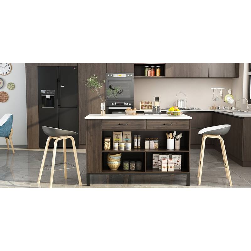 55.1" Kitchen Island Cart with Marbling Color Counter Top, Workstation