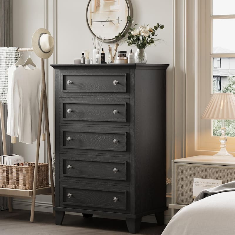 Black 5 Drawer Dresser for Bedroom, 48" Tall Wood Dresser & Chests of Drawers with Deep Drawers, Modern Chest Organizer