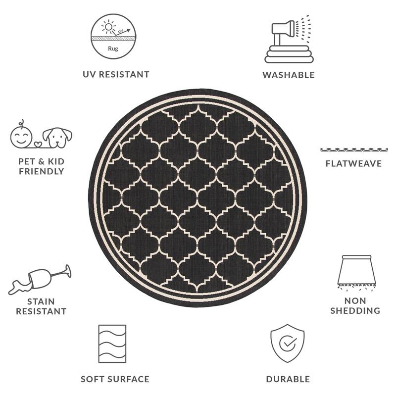 SAFAVIEH Courtyard Willy Indoor /Outdoor Waterproof Patio Backyard Rug - 6'7" Round - Black/Creme