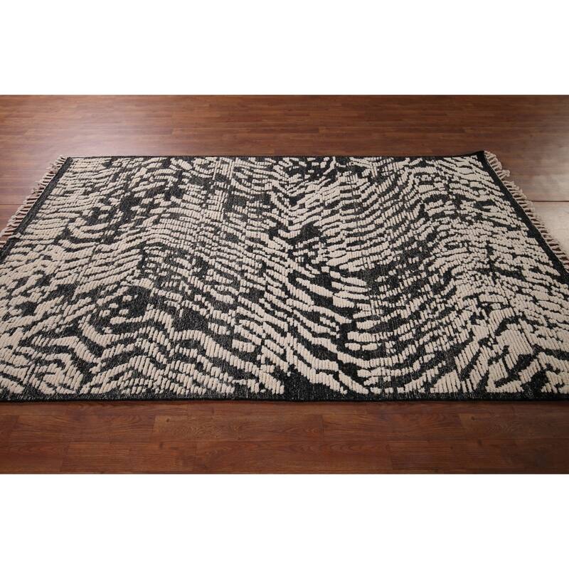 Black Ivory Moroccan Abstract Area Rug Hand-Knotted Wool Carpet - 5'0"x 8'5"