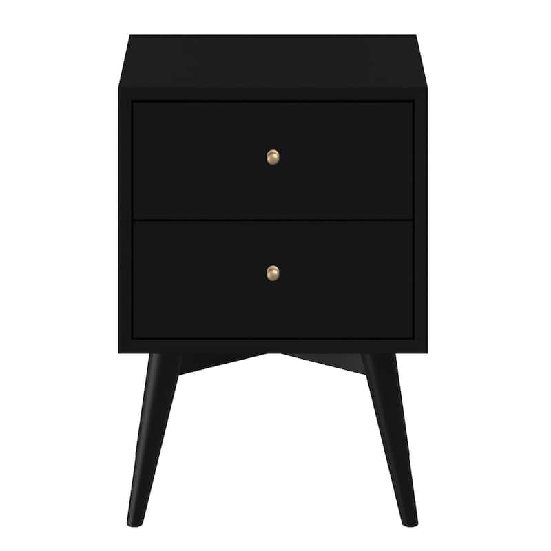 Alpine Furniture Flynn Mid Century Modern 2 Drawer Nightstand, Black
