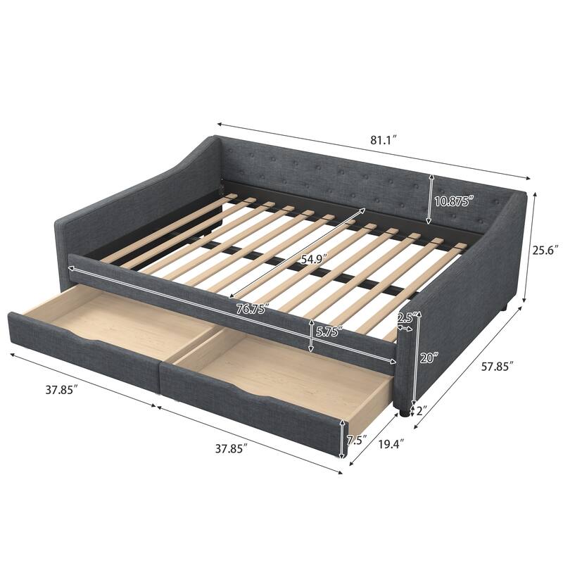 Linen Upholstered Daybed with 2 Drawers, Wooden Platform Sofa Bed Frame with Button Tufted Backrest, No Box Spring Needed