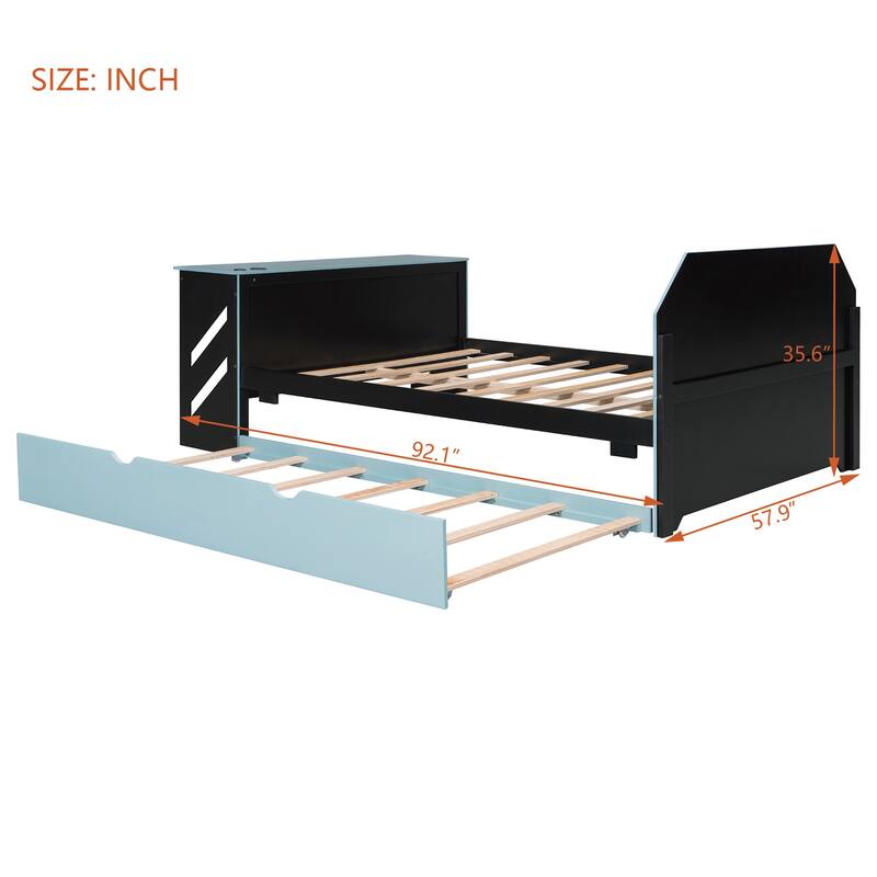 Modern Wood Daybed with Twin Trundle, Desk, USB Port, Cloud Blue