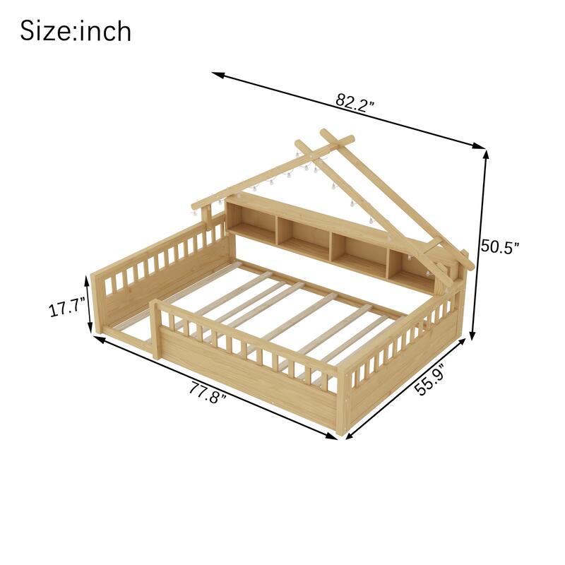 Twin/Full Floor Bed with Storage Bookshelves & Roof Shape for Kids