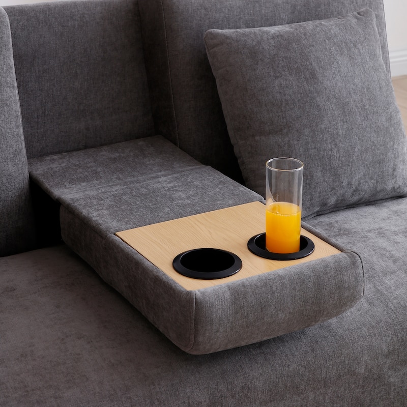 Convertible Sleeper Sofa Bed, Loveseat Couch with Storage Ottoman, Reversible Armrest Box & Drawer, Drop-Down Table, Cup Holders