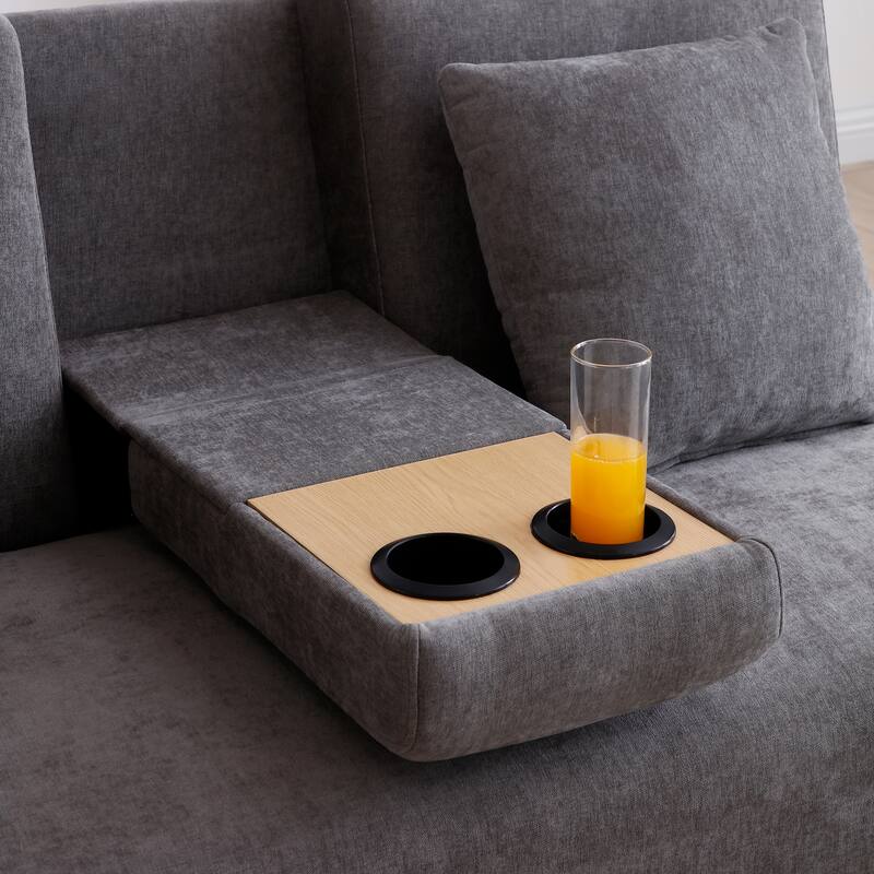 Multifunctional Double Folding Sofa Bed,Storage Ottoman And Sofa Arm With Box And Drawer,Drop Down Table With 2cup Holders
