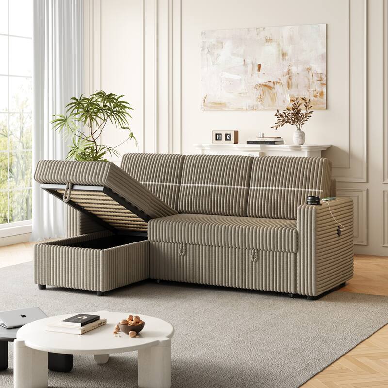 Corduroy Sleeper Sofa Bed with Storage Chaise, Dual Cup Holders, and USB Charging Port Convertible Couch for Living Room